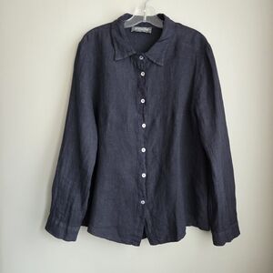 Pistache Linen Soft Navy Button-Up Made In Italy Long Sleeve Shirt S